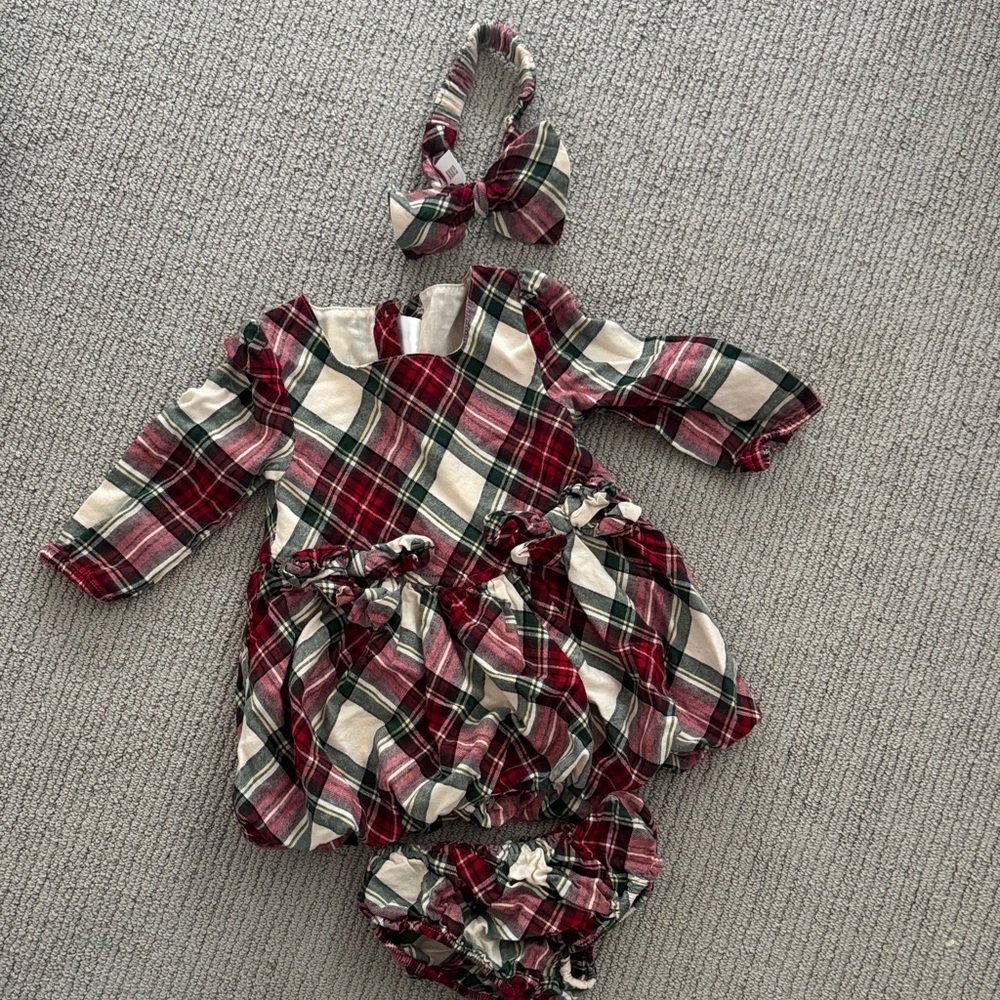 Gymboree Red, White & Green Plaid Infant Dress Set with Headband